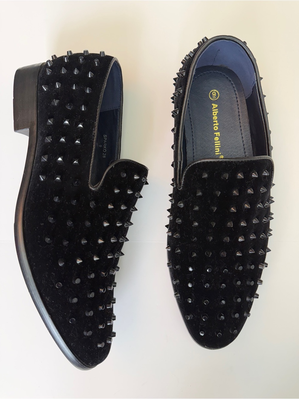 Alberto Fellini Sparko Spiked Black Velvet loafers, Size 9